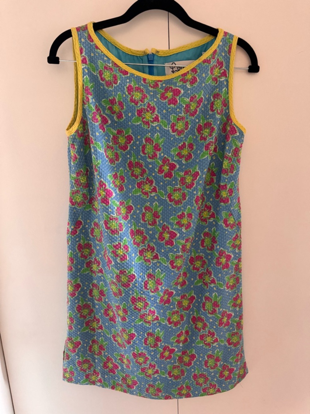 Vintage Lily Pulitzer Dress Sleeveless Blue Floral Shift Dress with Yellow Trim